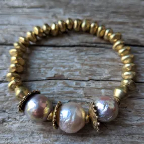 Three Pink Pearls & African Brass Elastic Bracelet