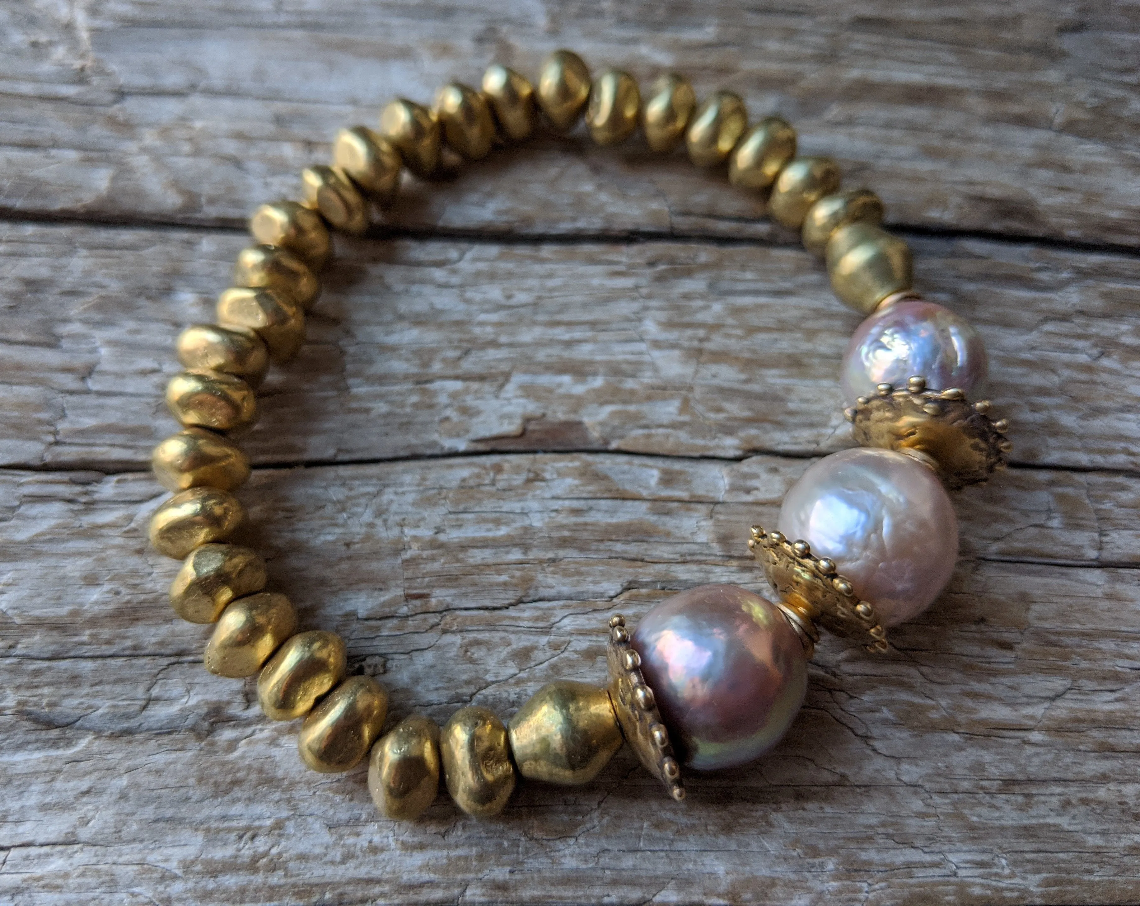 Three Pink Pearls & African Brass Elastic Bracelet