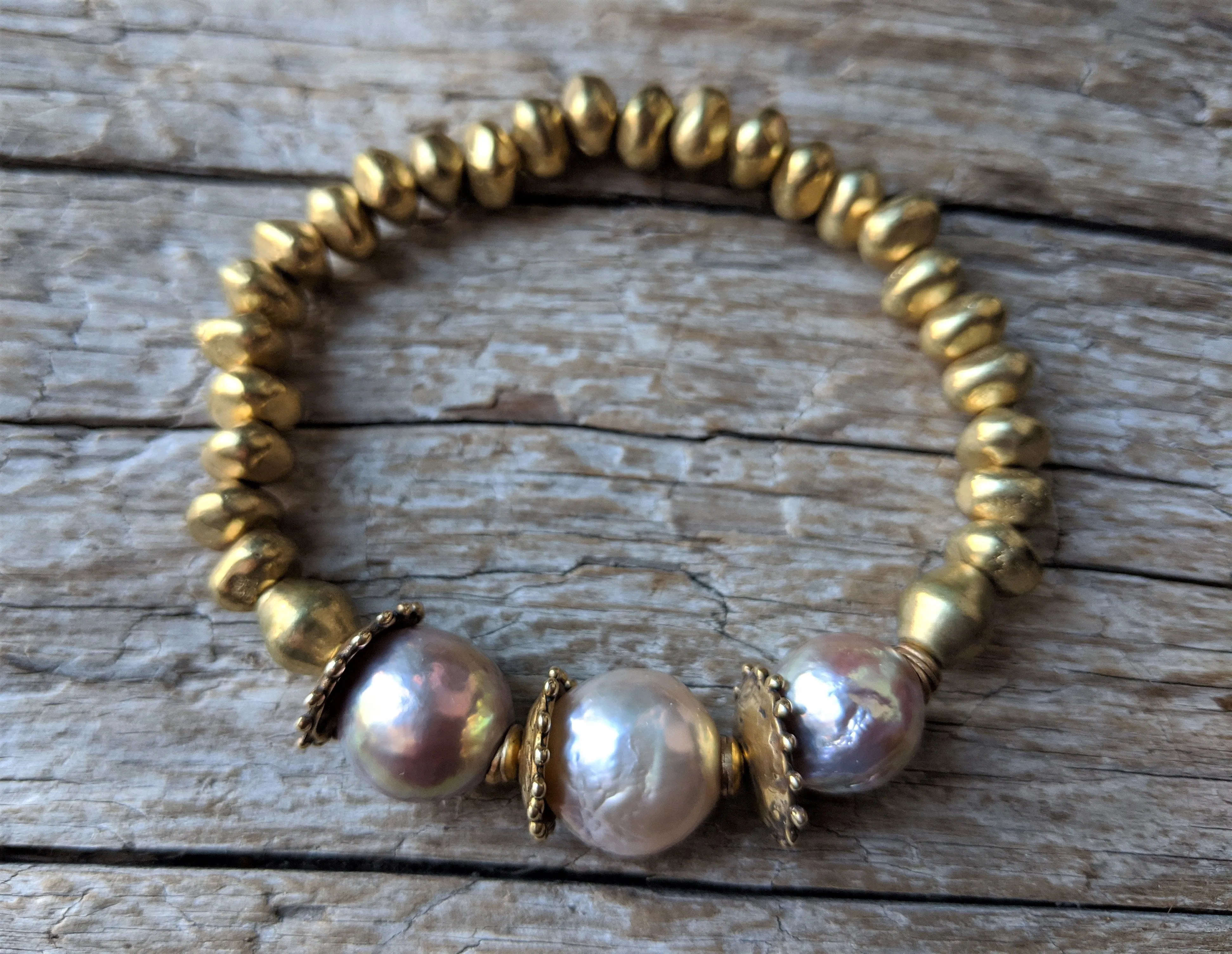 Three Pink Pearls & African Brass Elastic Bracelet