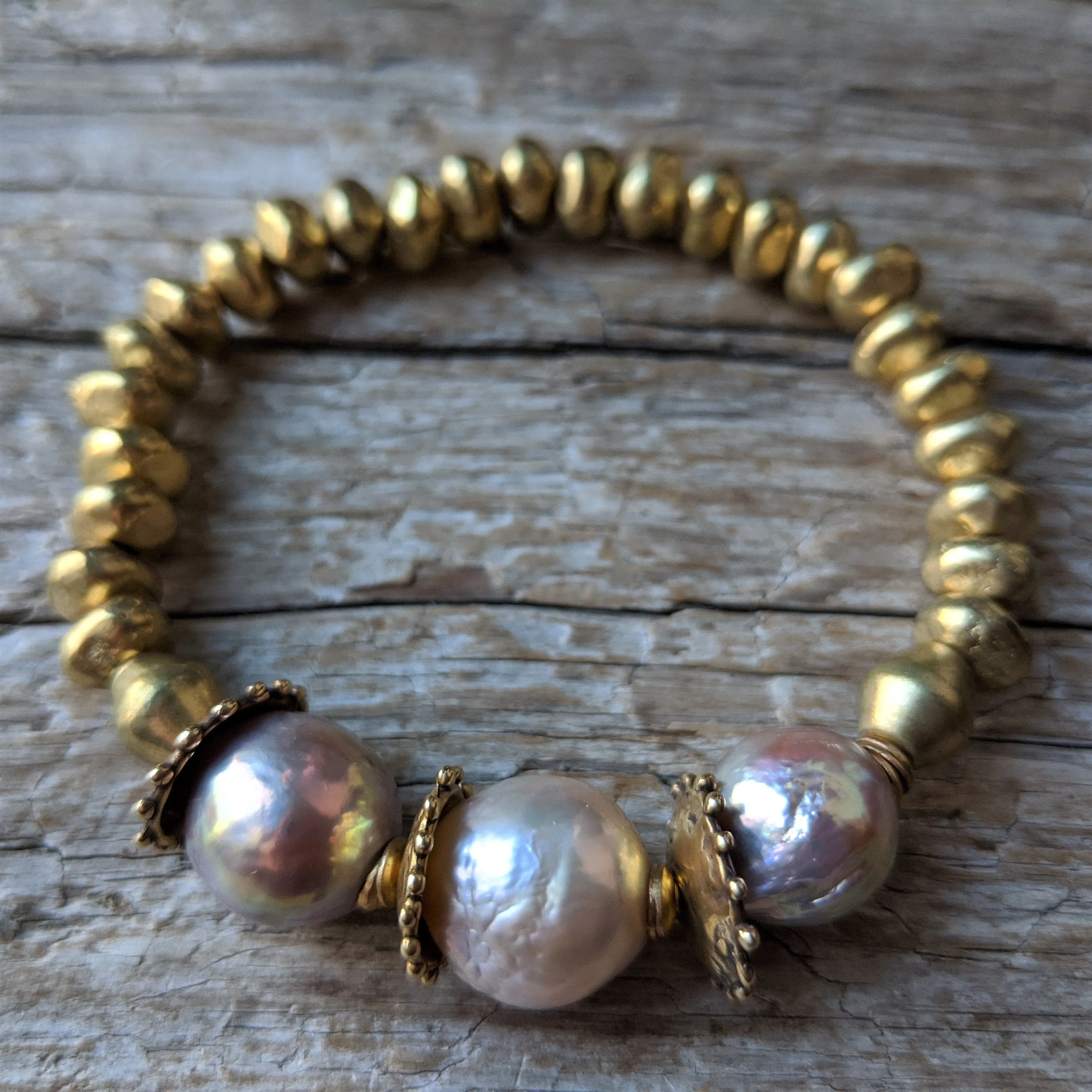 Three Pink Pearls & African Brass Elastic Bracelet