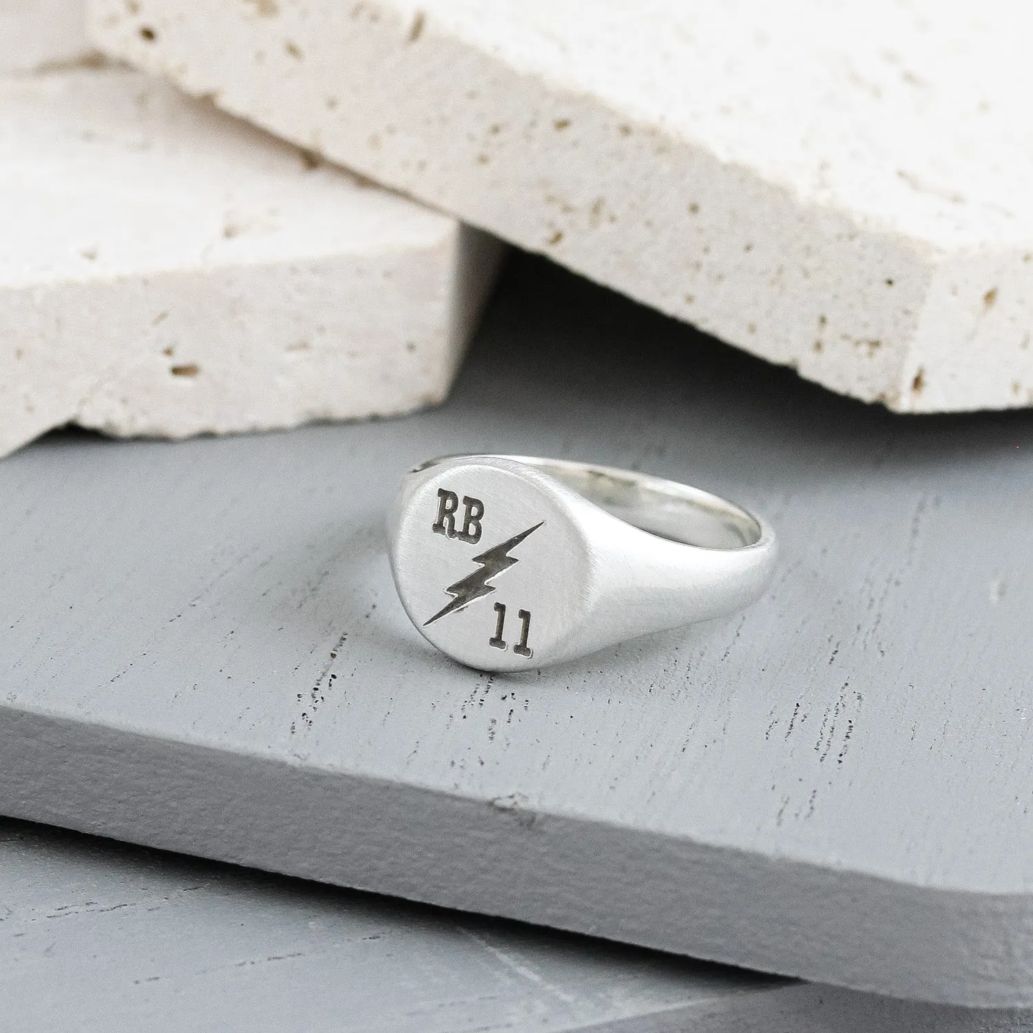 Thunderbolt Initials Round Silver Signet Ring