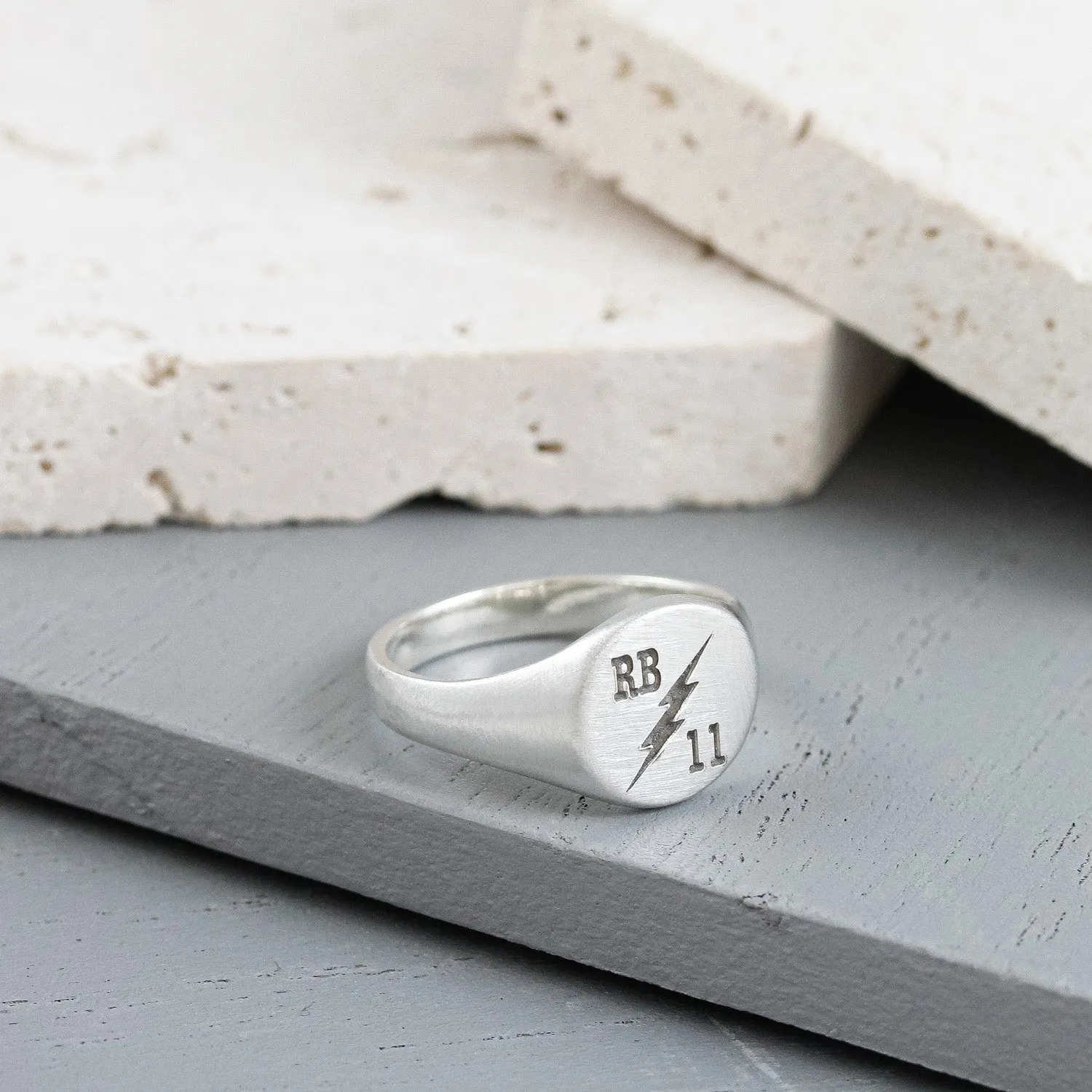 Thunderbolt Initials Round Silver Signet Ring