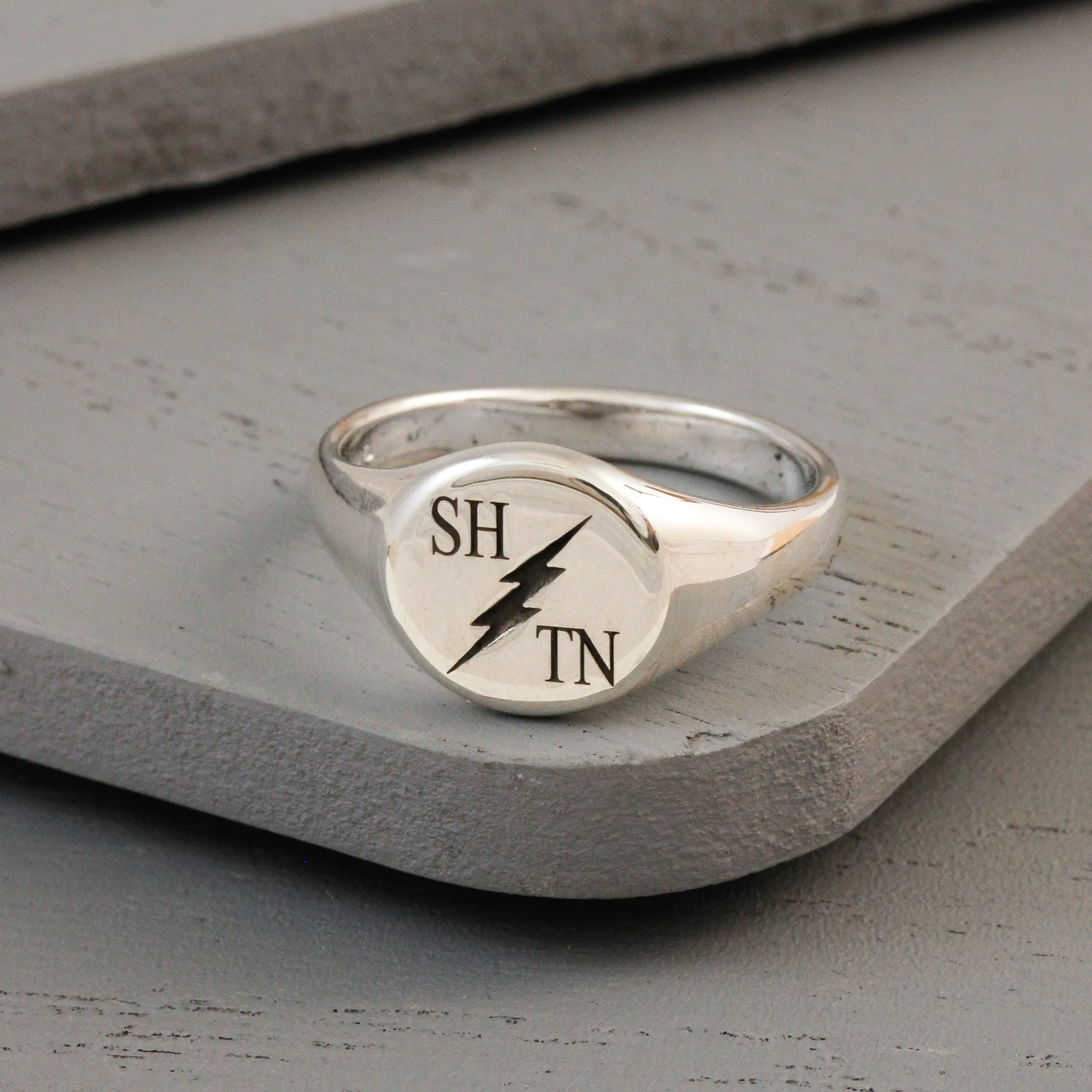 Thunderbolt Initials Round Silver Signet Ring