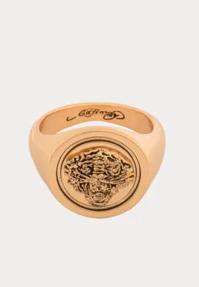 Tiger Embossed Classic Coin Signet Ring - Gold