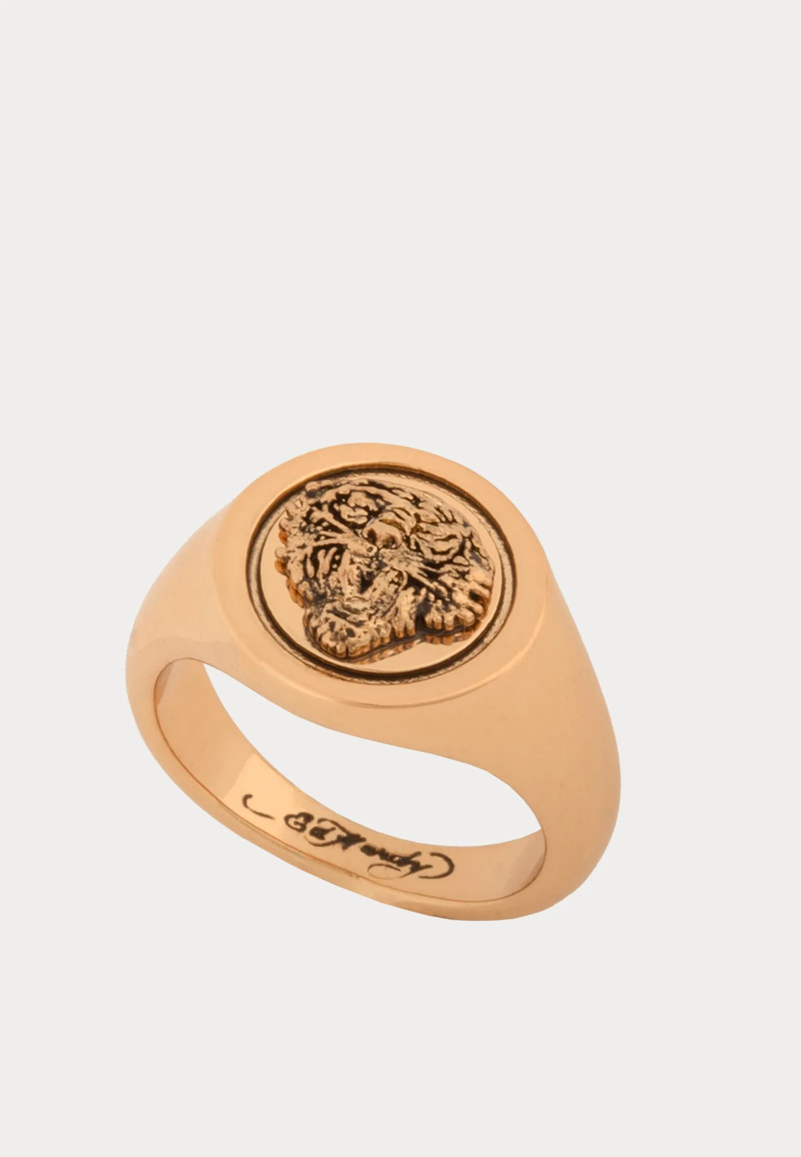 Tiger Embossed Classic Coin Signet Ring - Gold