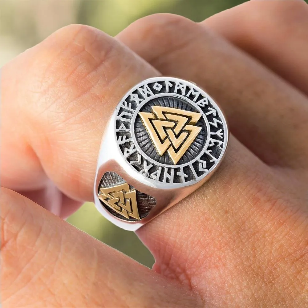 Titanium Steel Viking Valknut & Futhark Runes Signet Ring