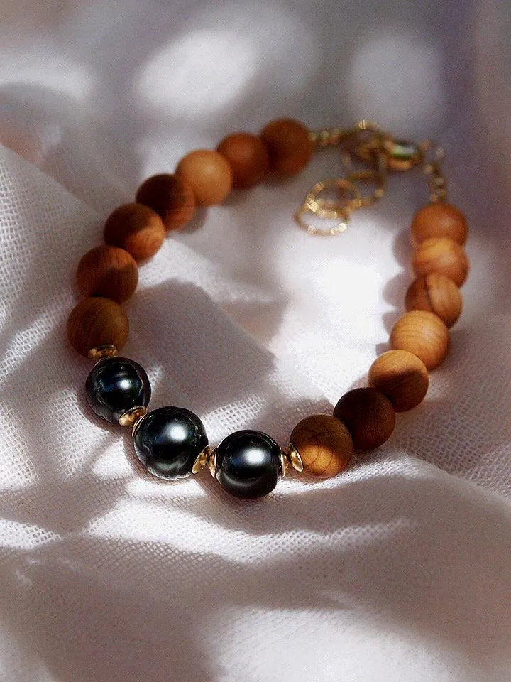 Triple Tahitian Pearl and Sandalwood Bead Bracelet - Kalani