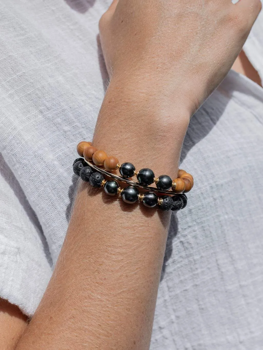 Triple Tahitian Pearl and Sandalwood Bead Bracelet - Kalani