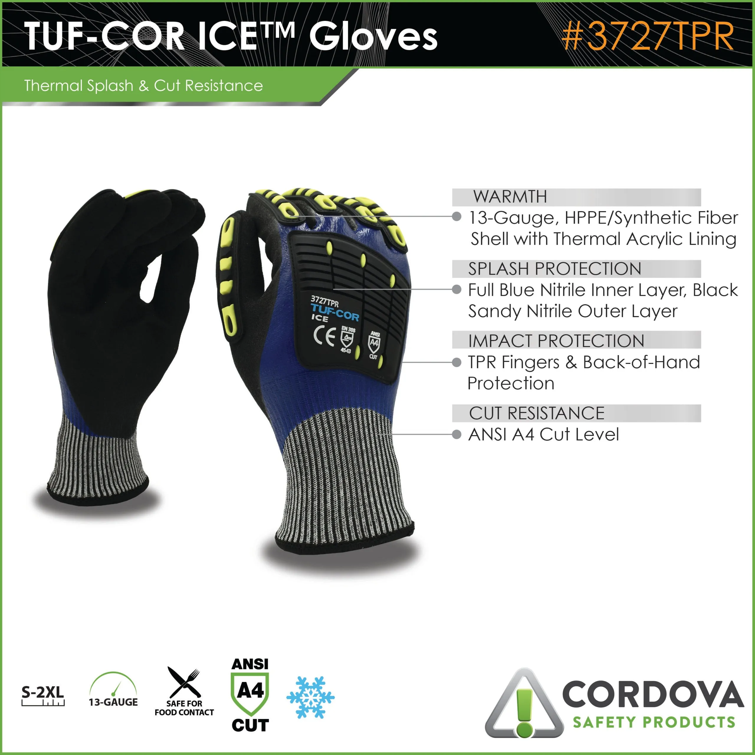 Tuf-Cor Cut-Resistant, Ice, Impact Gloves, ANSI Cut Level A4