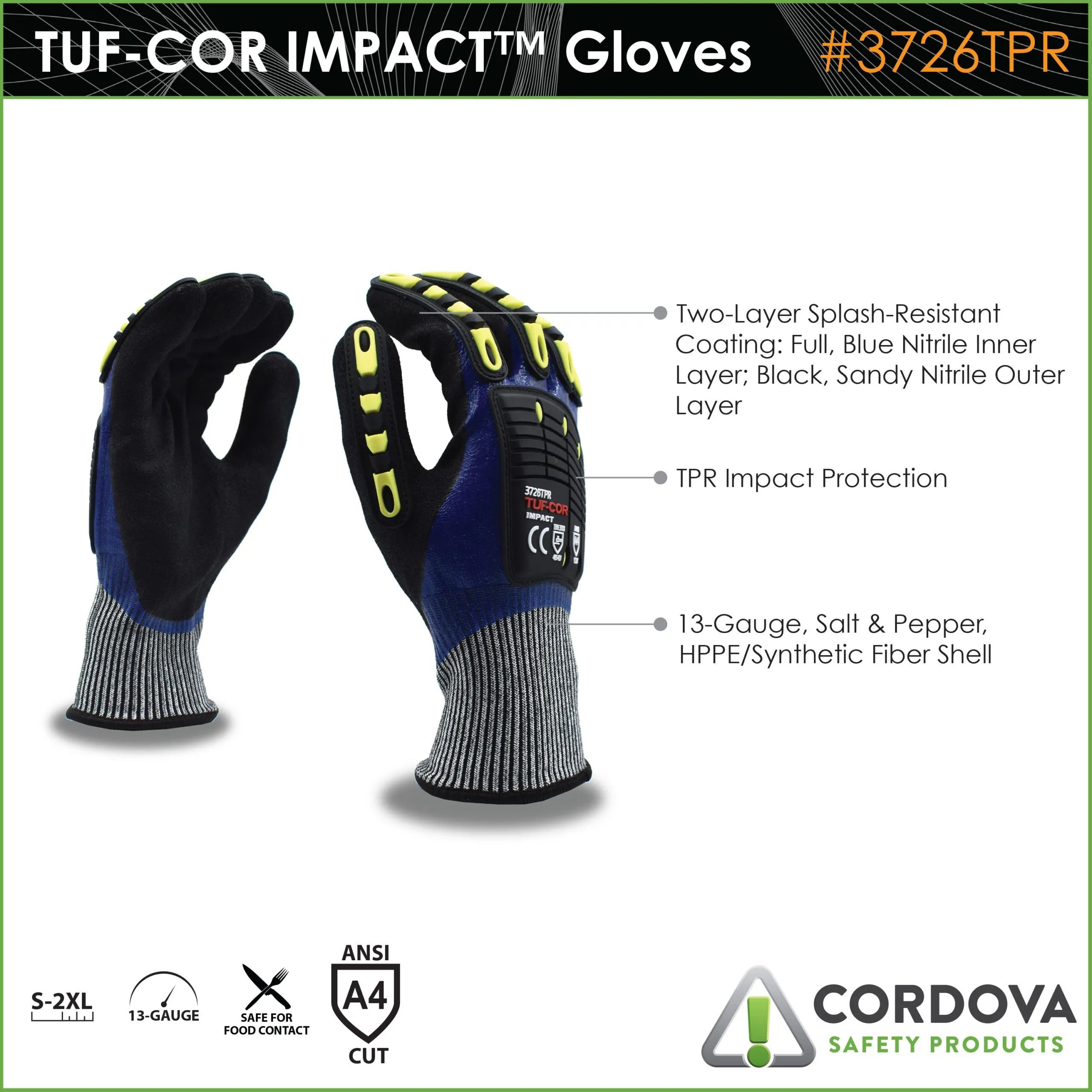 Tuf-Cor Cut-Resistant Impact Gloves, ANSI Cut level A4