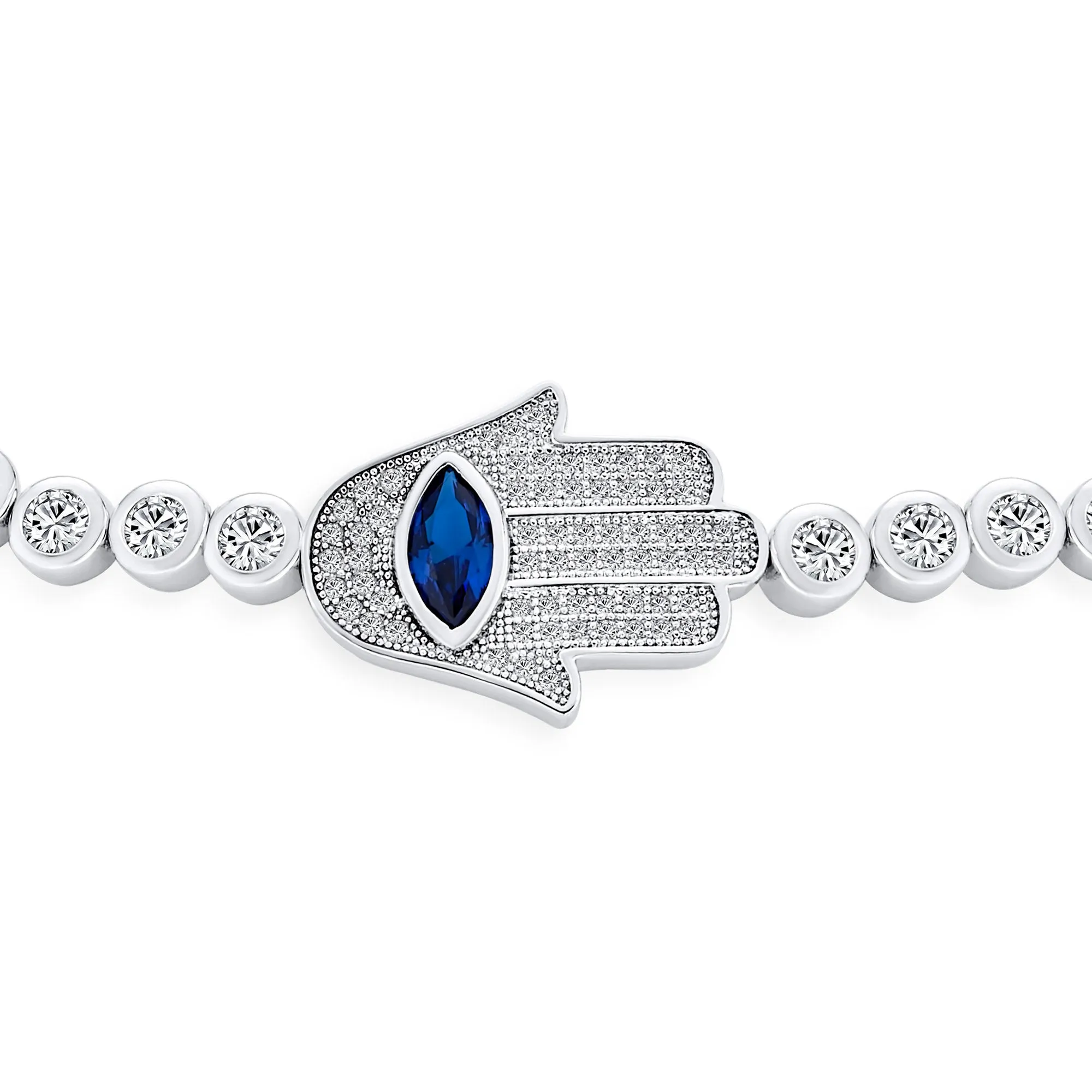 Turkish Evil Eye Hamsa Hand Charm Bracelet with Sliding Ball Clasp Silver Plated