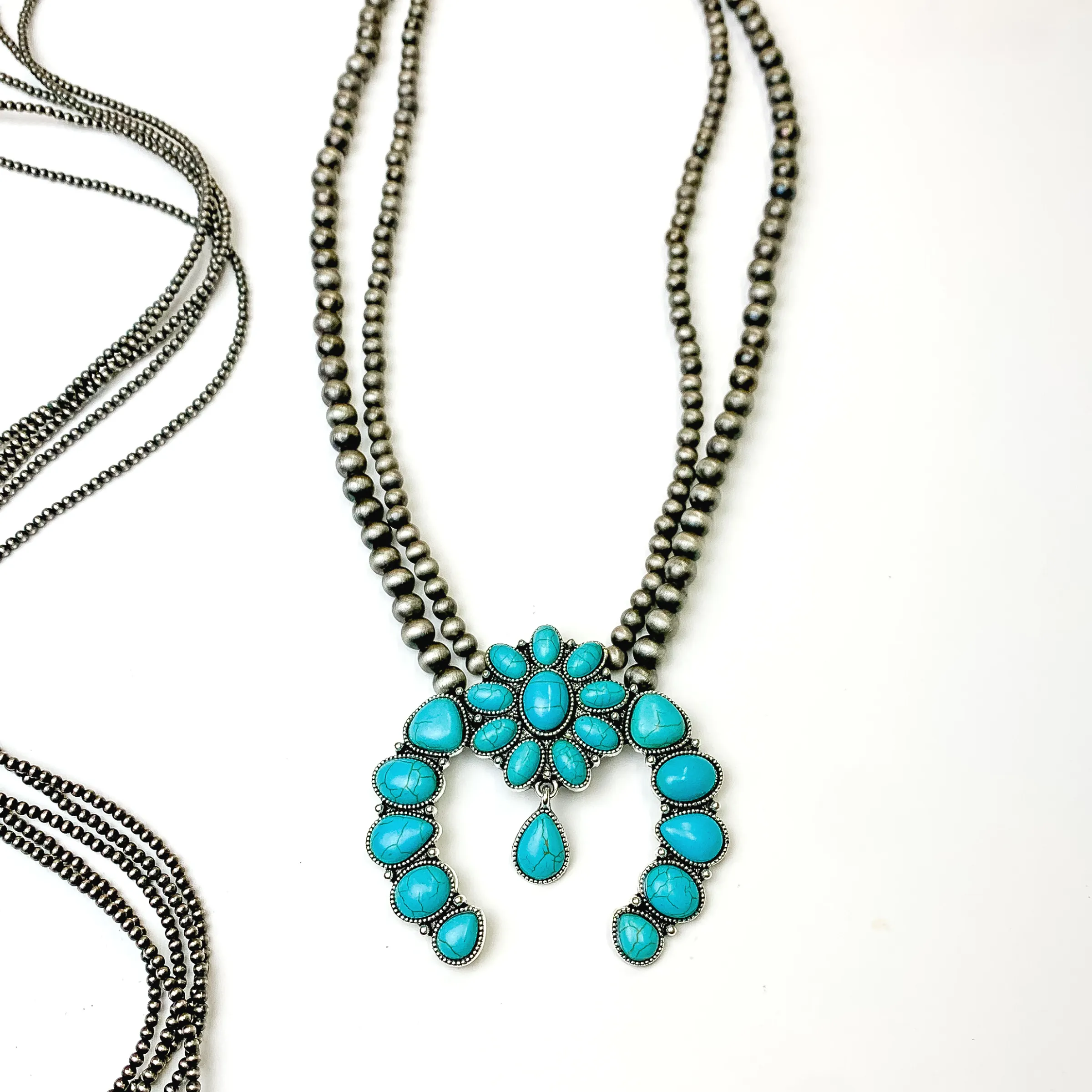 Turquoise and Silver Oval Squash Flower Necklace