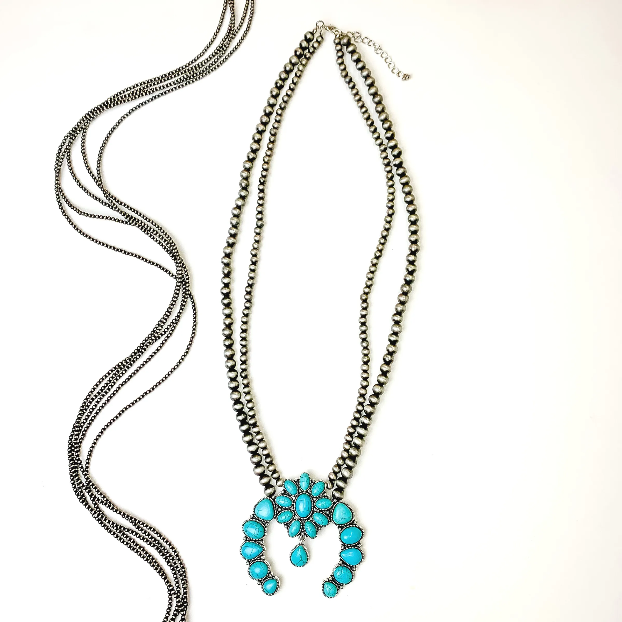 Turquoise and Silver Oval Squash Flower Necklace