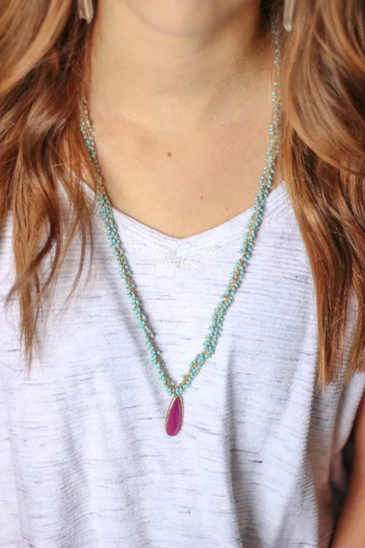 Turquoise Beaded Long Necklace with Agate Stone