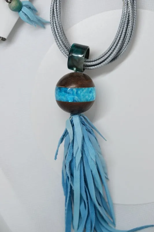 Turquoise Leather Statement Ball Necklace Set