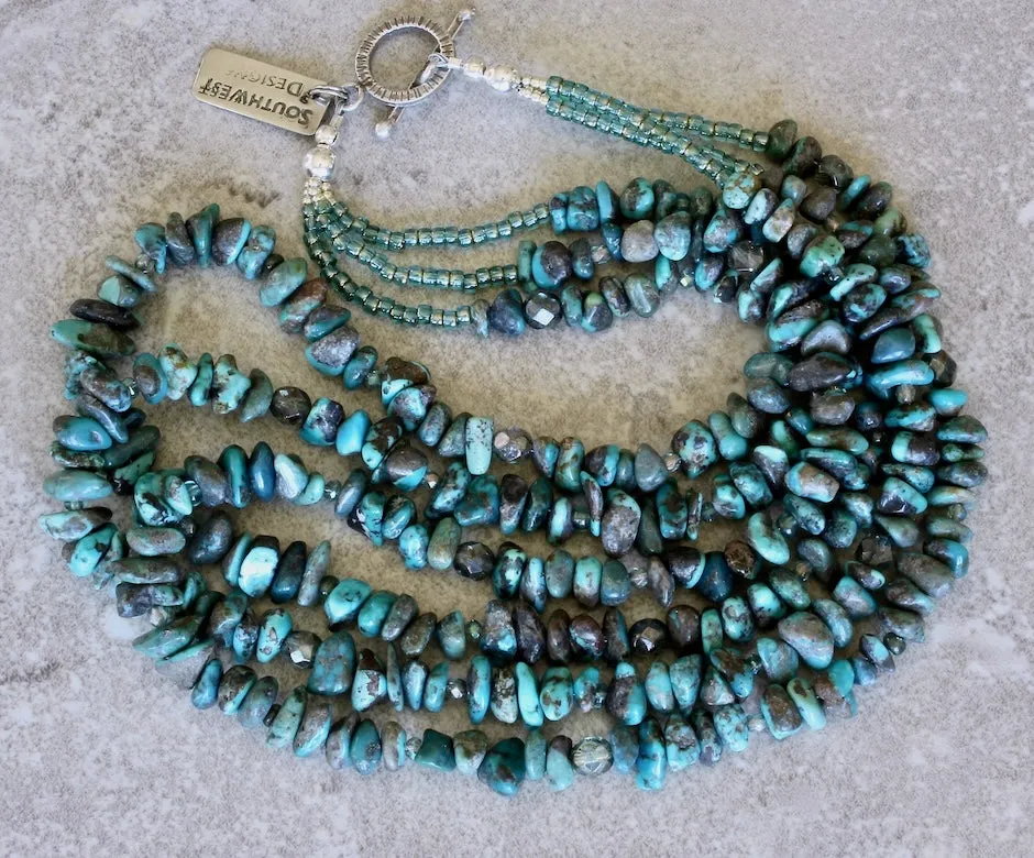 Turquoise Nugget 3-Strand Necklace with Czech Glass and a Sterling Silver Toggle Clasp