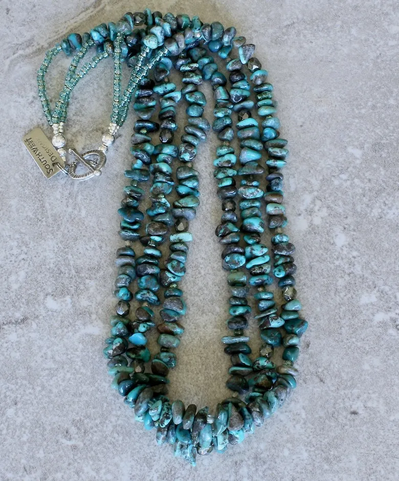 Turquoise Nugget 3-Strand Necklace with Czech Glass and a Sterling Silver Toggle Clasp