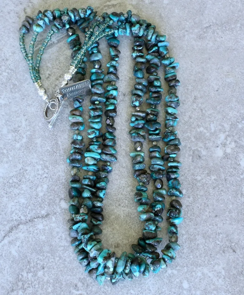 Turquoise Nugget 3-Strand Necklace with Czech Glass and a Sterling Silver Toggle Clasp