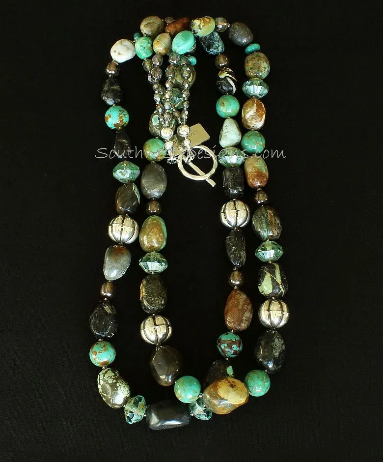 Turquoise Pseudomorph Clam Shell 2-Strand Necklace with Sterling Silver Melon Beads, Pilot Mountain Turquoise Rounds, Green Czech Druk Glass, and Hammered Sterling Silver Toggle Clasp