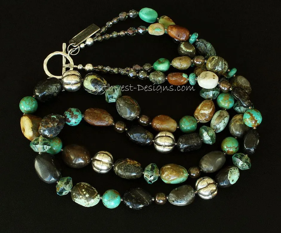 Turquoise Pseudomorph Clam Shell 2-Strand Necklace with Sterling Silver Melon Beads, Pilot Mountain Turquoise Rounds, Green Czech Druk Glass, and Hammered Sterling Silver Toggle Clasp