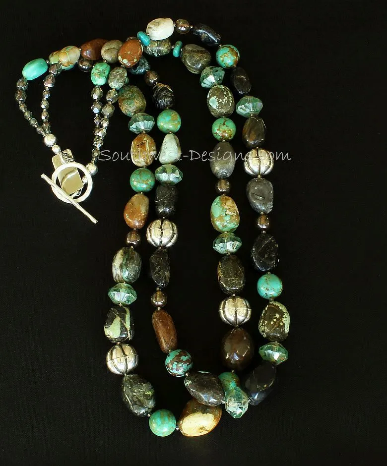 Turquoise Pseudomorph Clam Shell 2-Strand Necklace with Sterling Silver Melon Beads, Pilot Mountain Turquoise Rounds, Green Czech Druk Glass, and Hammered Sterling Silver Toggle Clasp