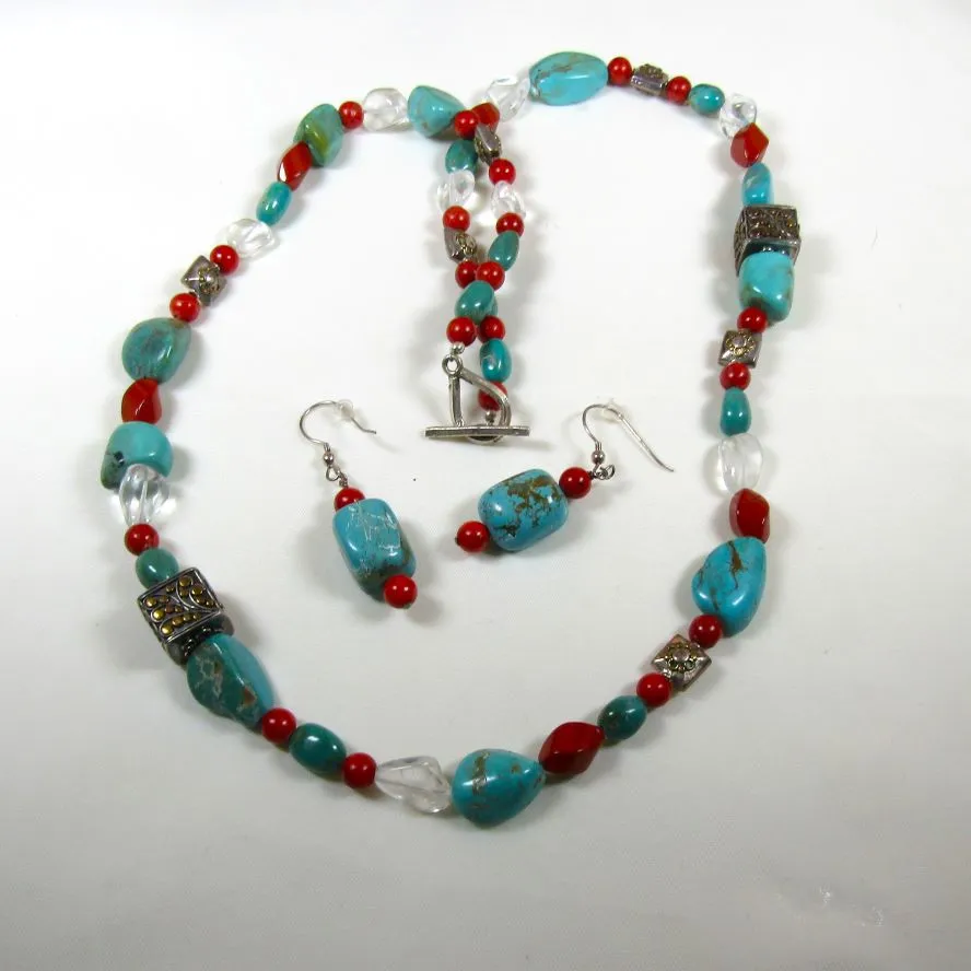 Turquoise, Red Gemstone & Crystal Necklace & Earrings