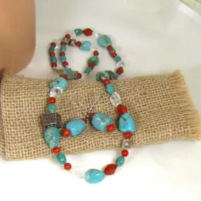 Turquoise, Red Gemstone & Crystal Necklace & Earrings