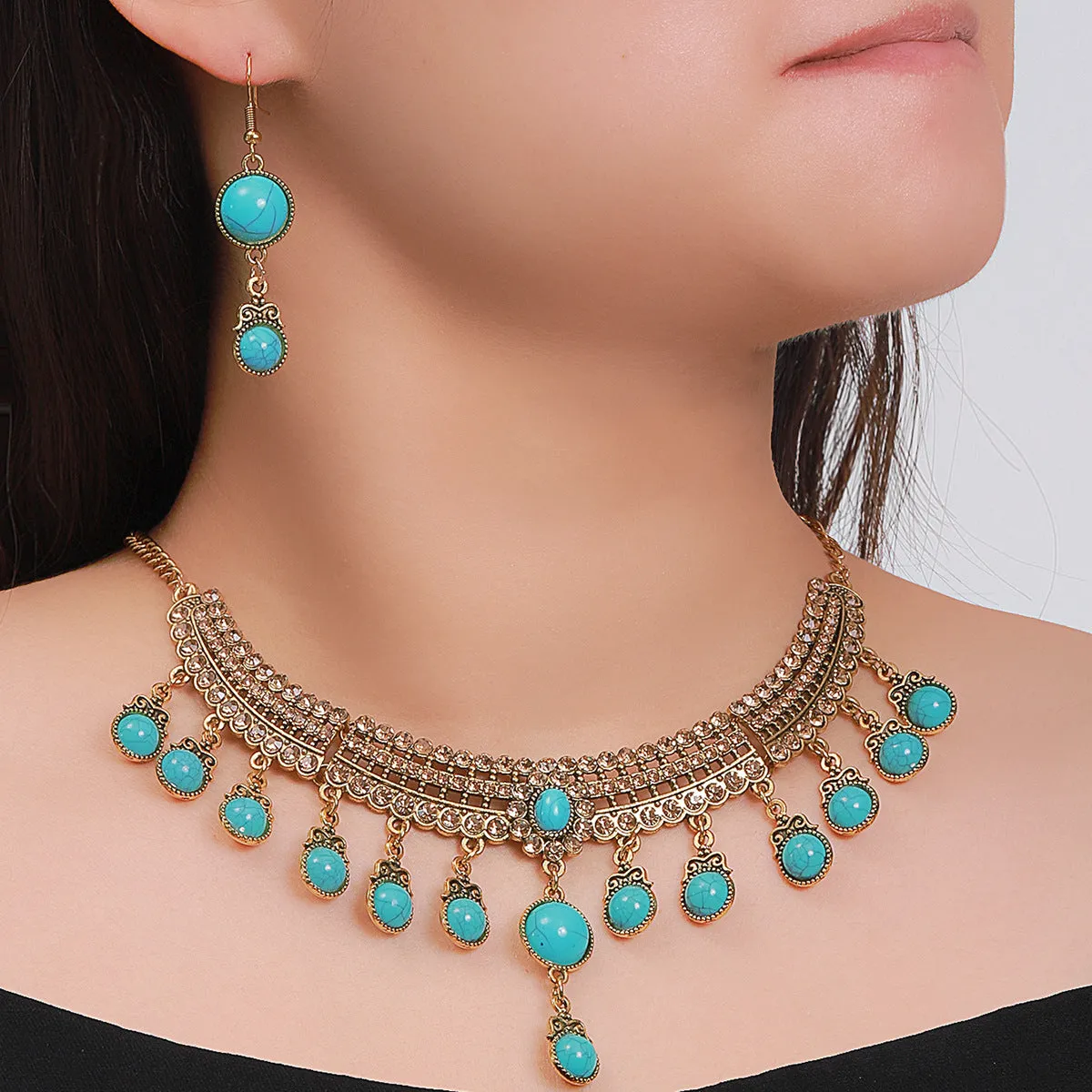 Turquoise Tassel Necklace Set - Ethnic Middle Eastern Bride Jewelry