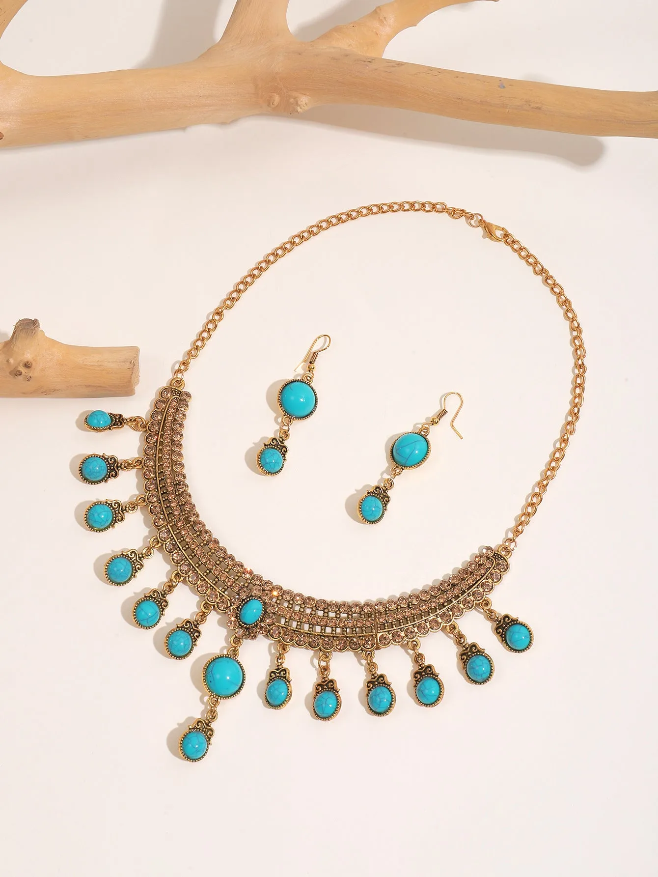 Turquoise Tassel Necklace Set - Ethnic Middle Eastern Bride Jewelry