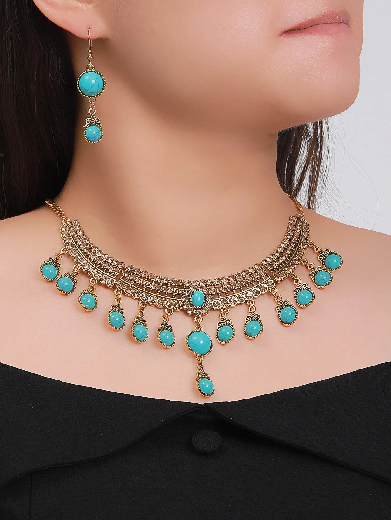 Turquoise Tassel Necklace Set - Ethnic Middle Eastern Bride Jewelry