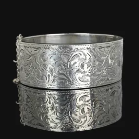 Victorian Revival Wide Engraved Silver Bracelet Bangle