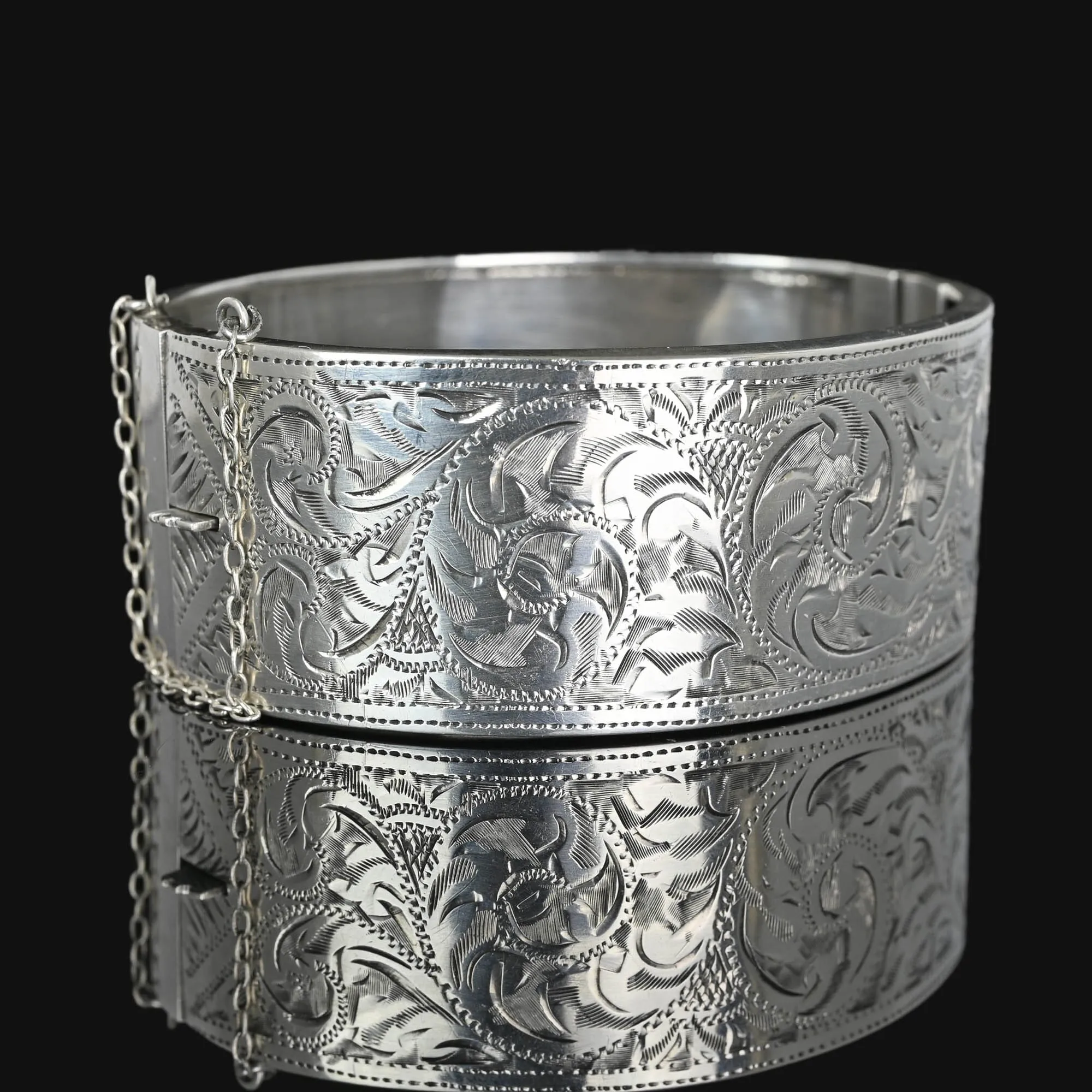 Victorian Revival Wide Engraved Silver Bracelet Bangle