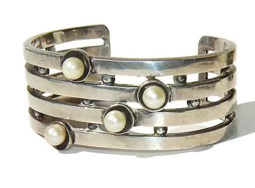 Vintage Antonio Pineda Mexican Bracelet 970 Silver & Pearls Taxco Cuff