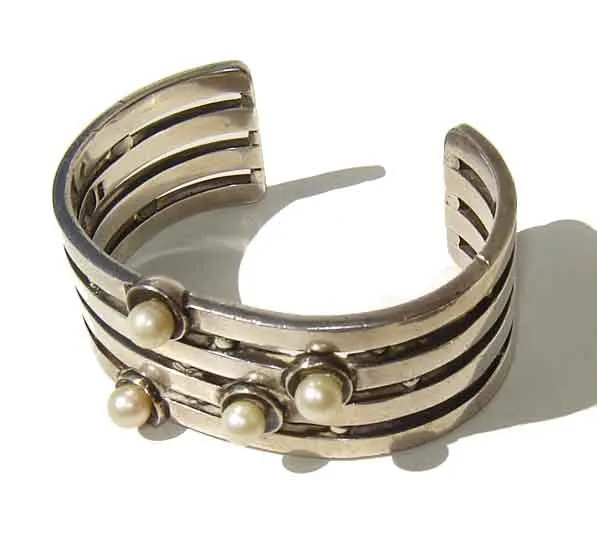 Vintage Antonio Pineda Mexican Bracelet 970 Silver & Pearls Taxco Cuff