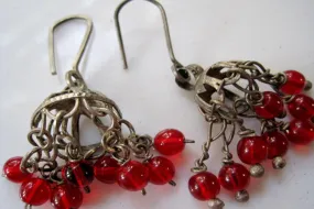 Vintage Chandelier Silver Bedouin Earrings with Red Glass Dangles