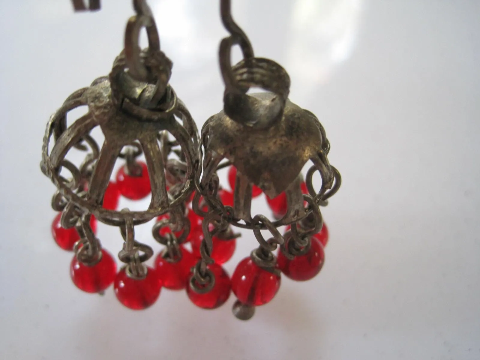 Vintage Chandelier Silver Bedouin Earrings with Red Glass Dangles