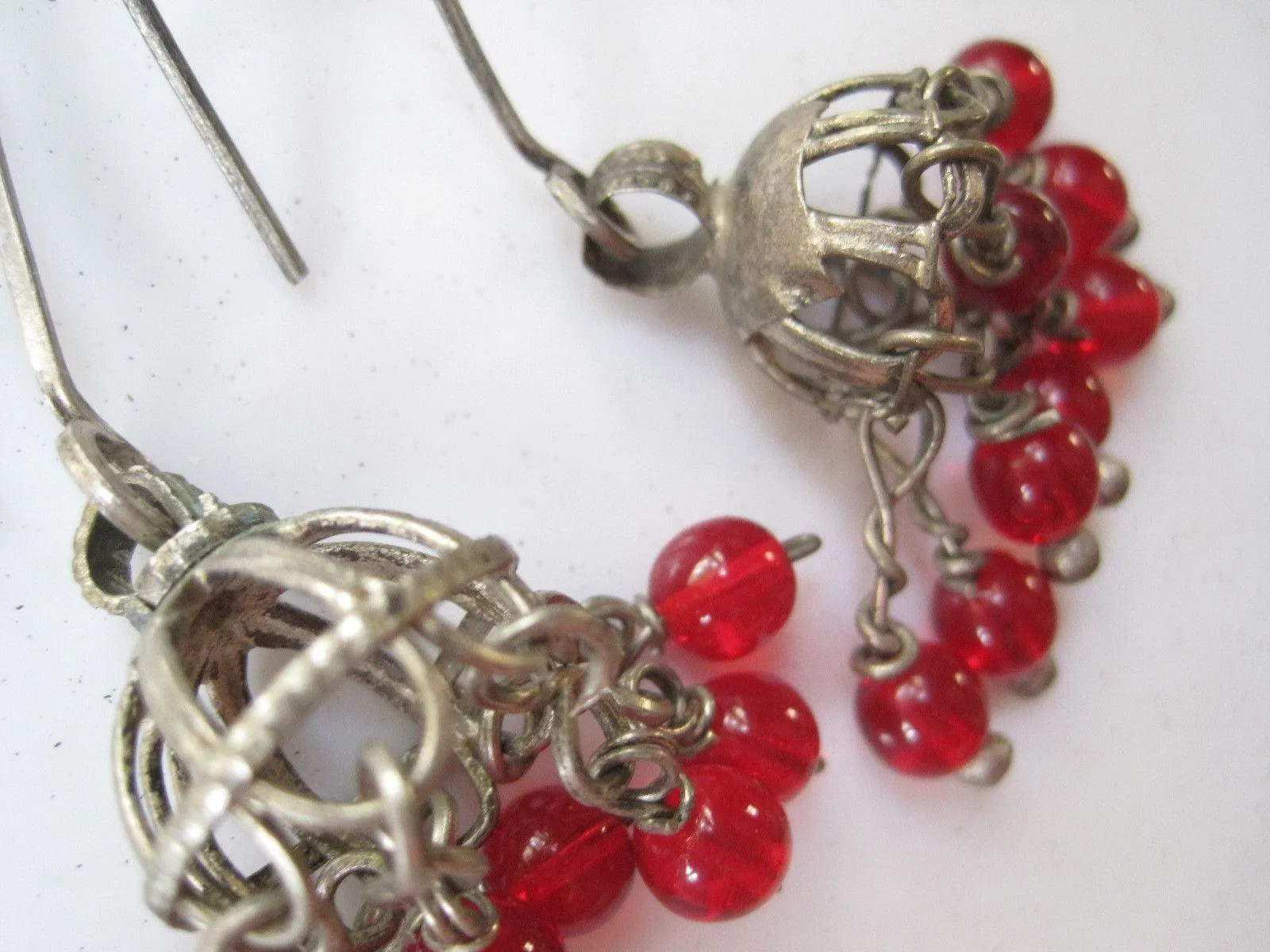 Vintage Chandelier Silver Bedouin Earrings with Red Glass Dangles