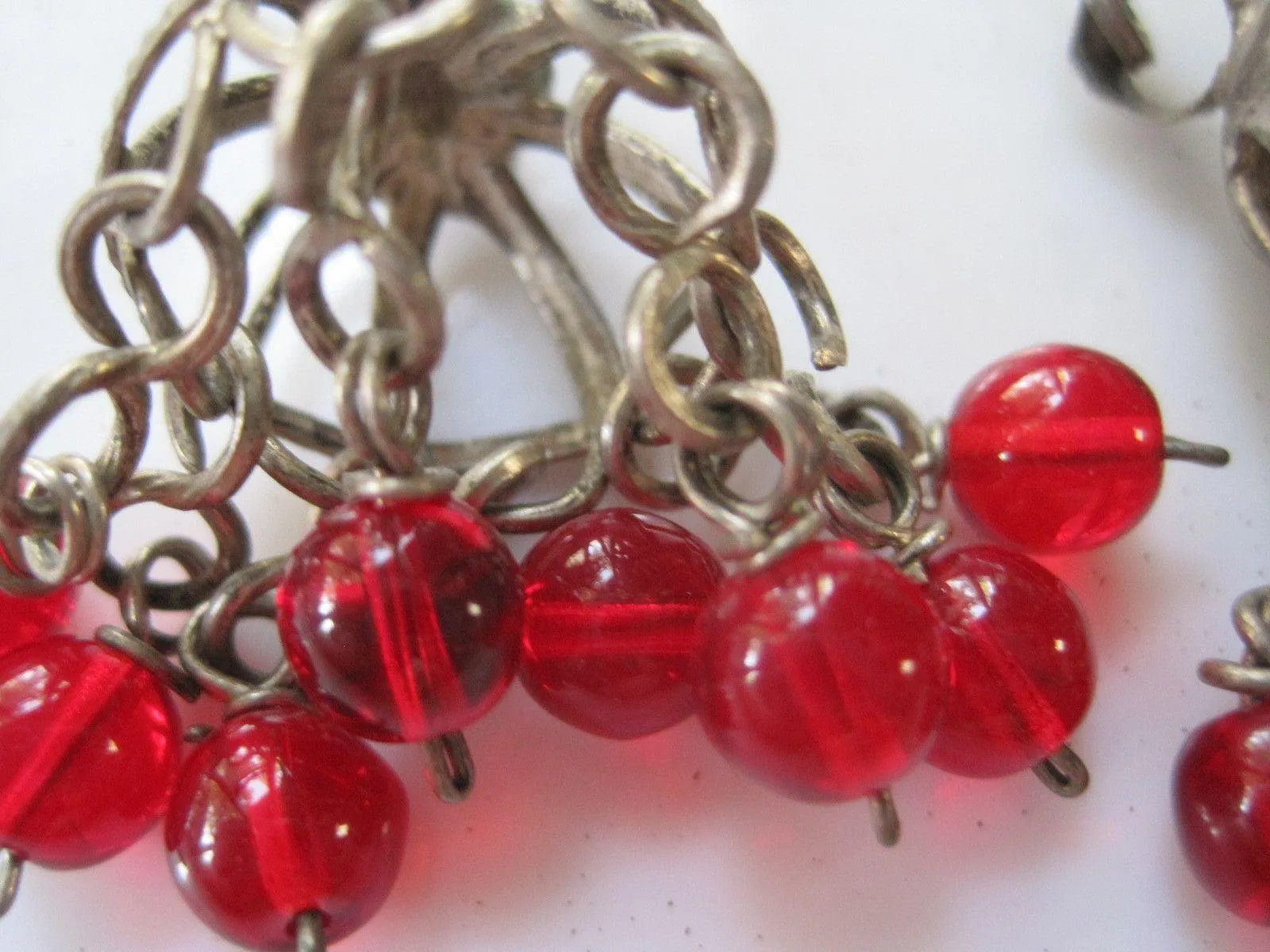 Vintage Chandelier Silver Bedouin Earrings with Red Glass Dangles