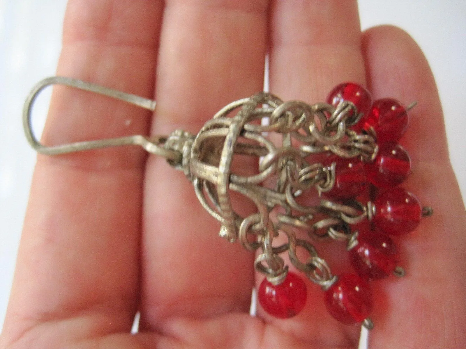 Vintage Chandelier Silver Bedouin Earrings with Red Glass Dangles