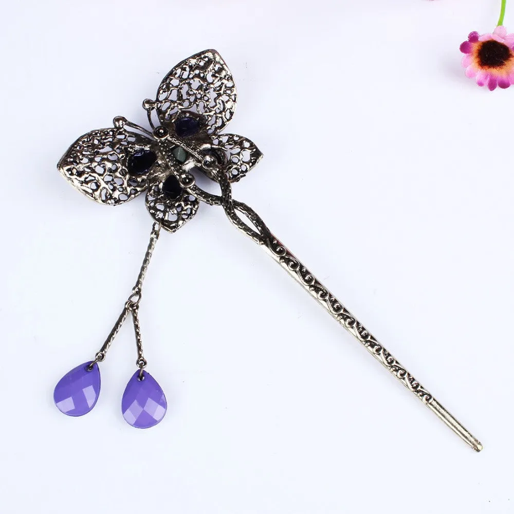 Vintage Fashion Jewelry Hair Wear Hair Plug Women Girl Headdress Headwear Hairpin Rhinestone Butterfly Hair Sticks