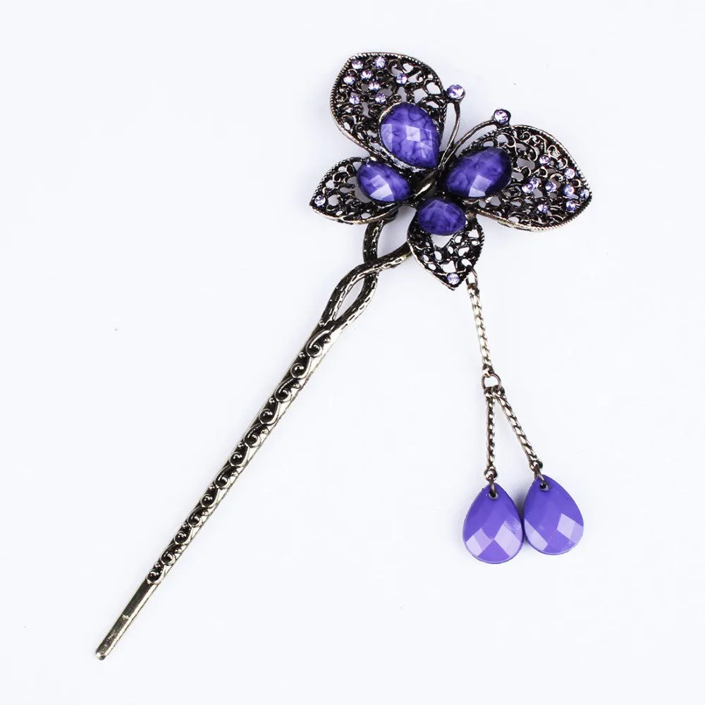 Vintage Fashion Jewelry Hair Wear Hair Plug Women Girl Headdress Headwear Hairpin Rhinestone Butterfly Hair Sticks