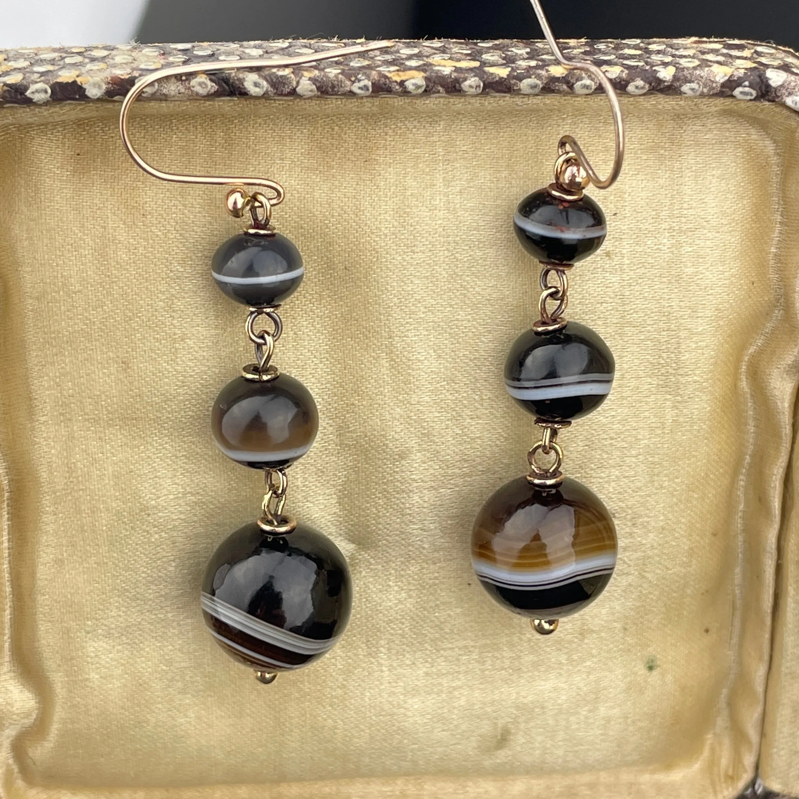 Vintage Gold Banded Agate Ball Drop Earrings