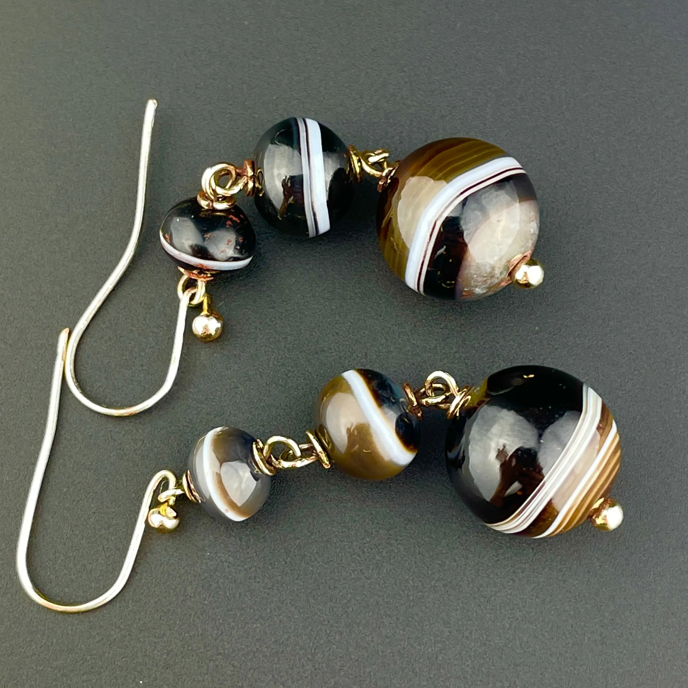 Vintage Gold Banded Agate Ball Drop Earrings