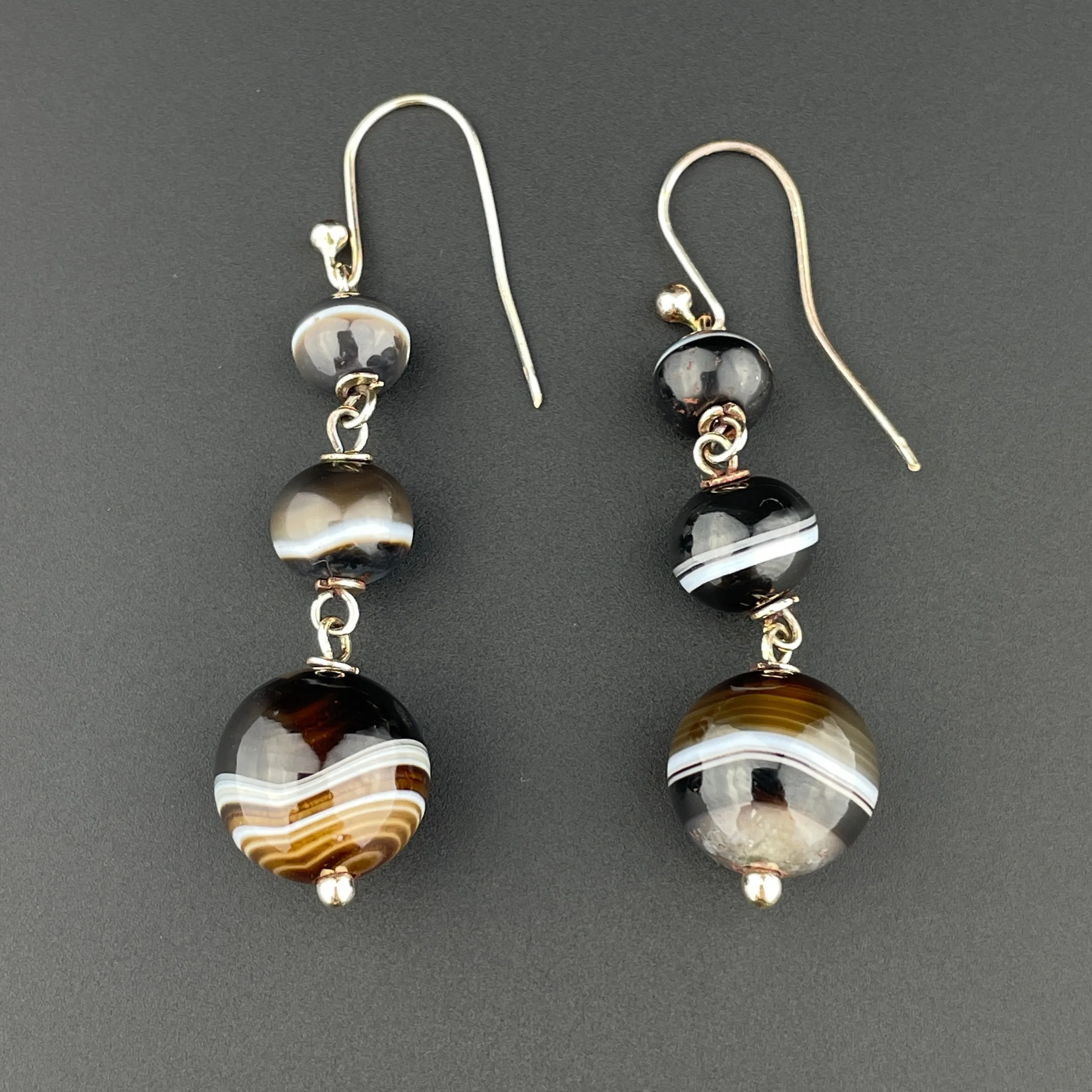 Vintage Gold Banded Agate Ball Drop Earrings