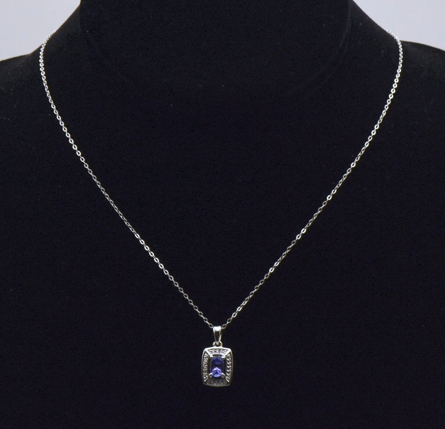 Vintage Tanzanite and Diamond Sterling Silver Pendant Necklace NOS - 17.5"