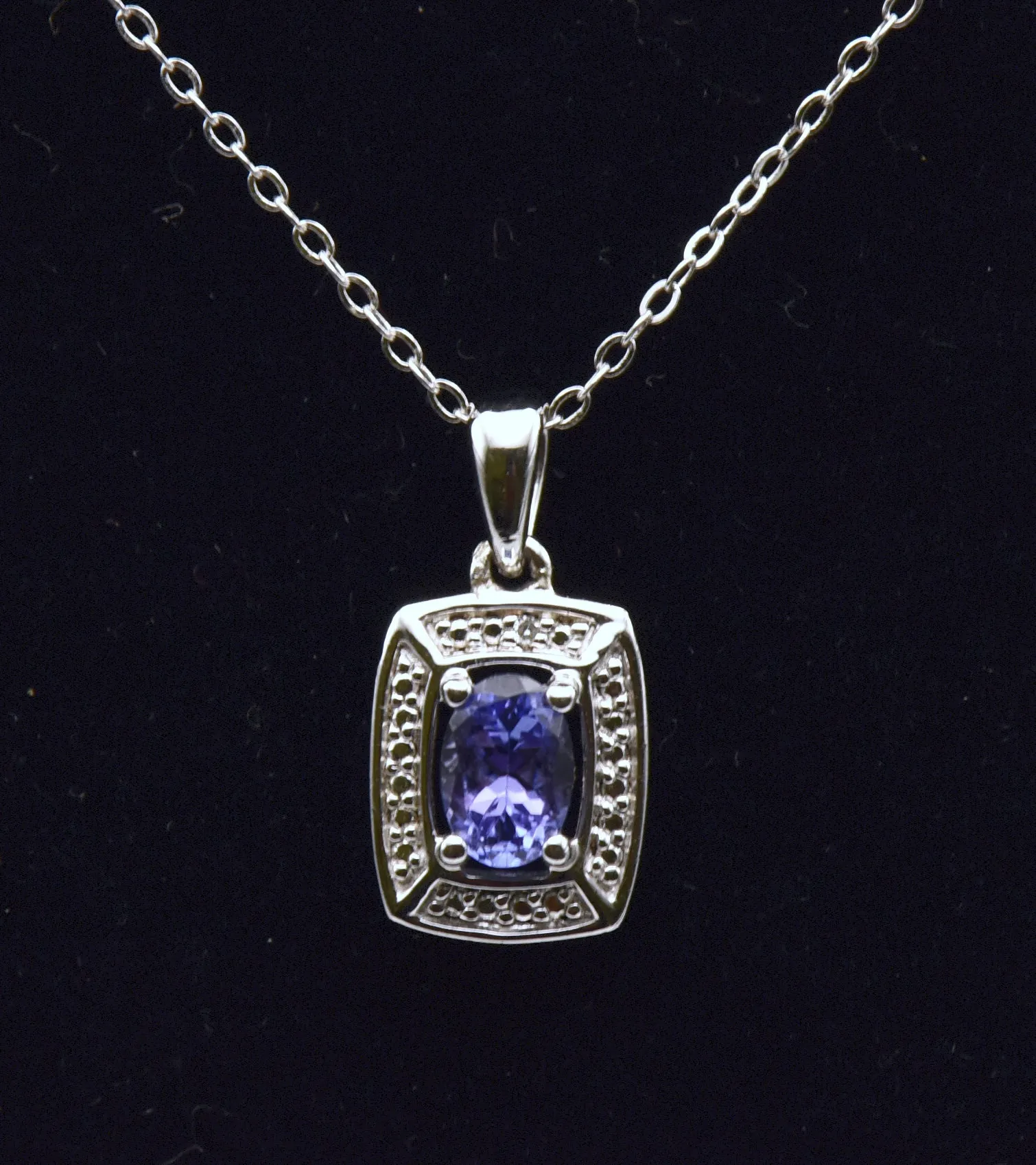 Vintage Tanzanite and Diamond Sterling Silver Pendant Necklace NOS - 17.5"