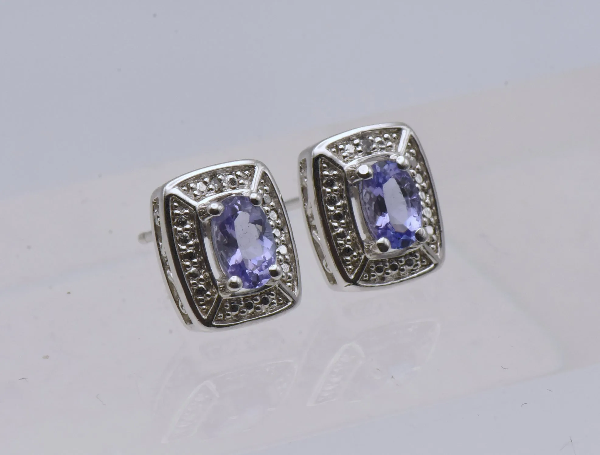 Vintage Tanzanite and Diamond Sterling Silver Stud Earrings - NOS