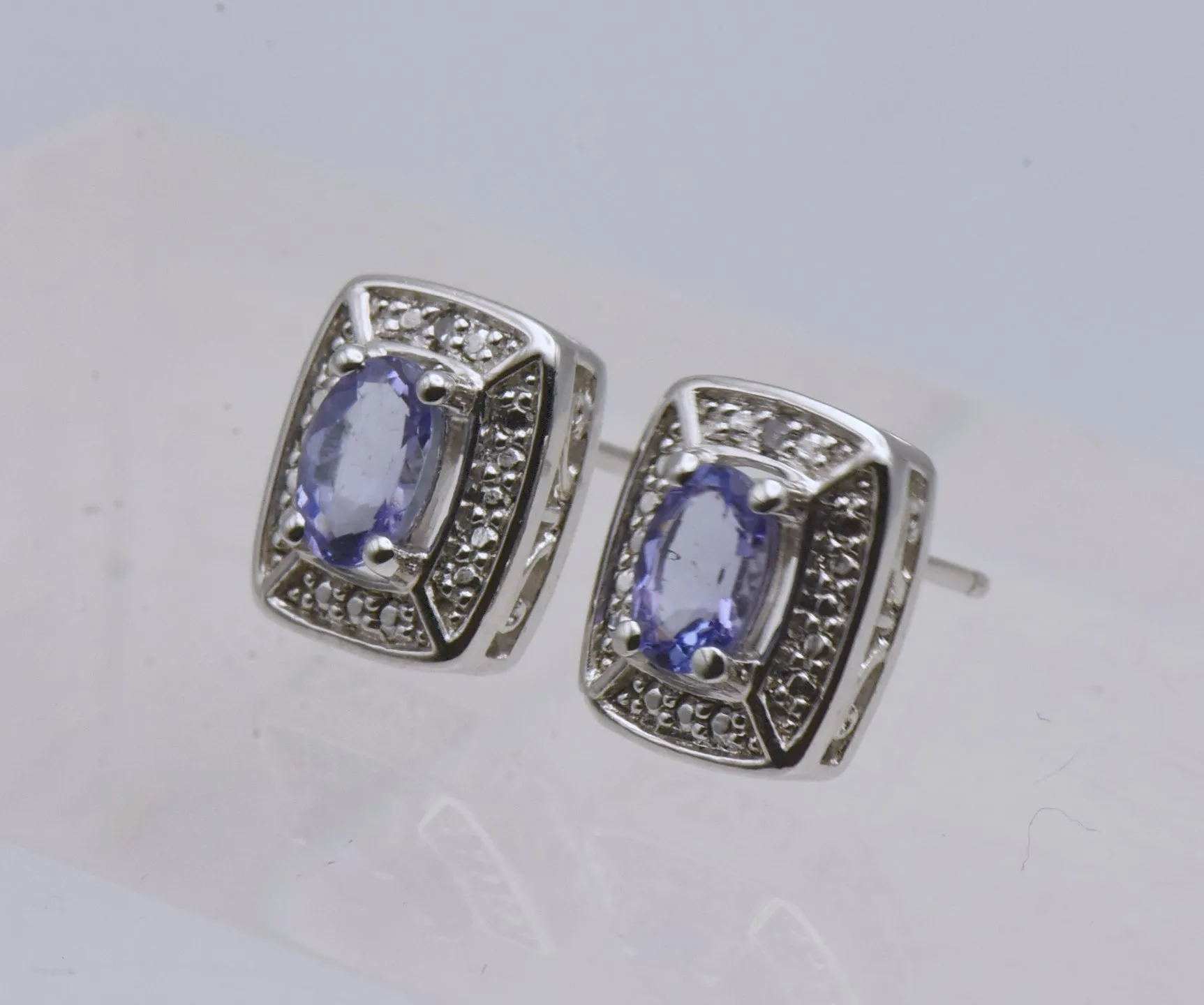 Vintage Tanzanite and Diamond Sterling Silver Stud Earrings - NOS