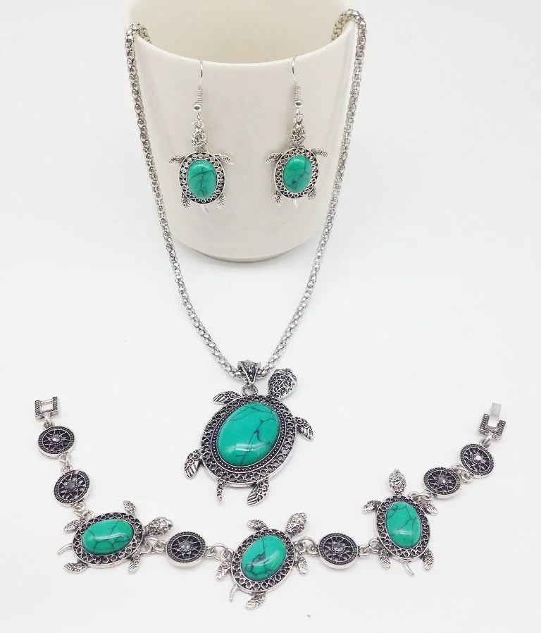 Vintage Turquoise Turtle Jewelry Set - Necklace, Earrings, and Bracelet Trio