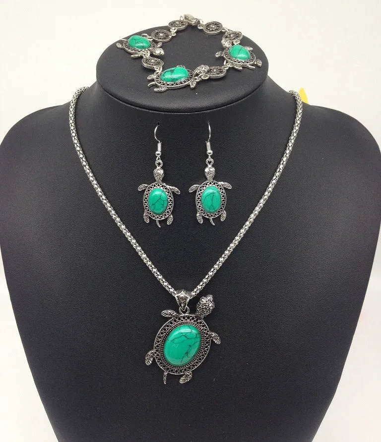 Vintage Turquoise Turtle Jewelry Set - Necklace, Earrings, and Bracelet Trio